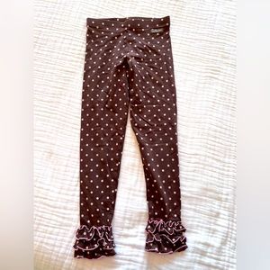 Matilda Jane girls size 8 brown leggings, cream polka dot, pink ruffles